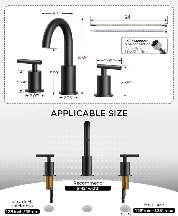 FORIOUS Black Bathroom Faucet 3 Hole, 8 Inch Matte Black Bathroom Sink Faucet - Image 8