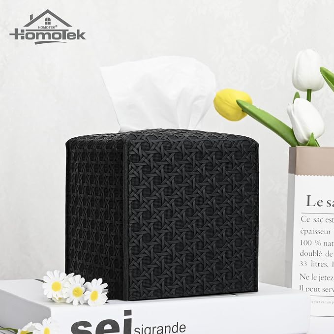 HOMOTEK 2 Pack Tissue Box Cover, Square PU Leather Tissue Holder, Decorative - Image 3