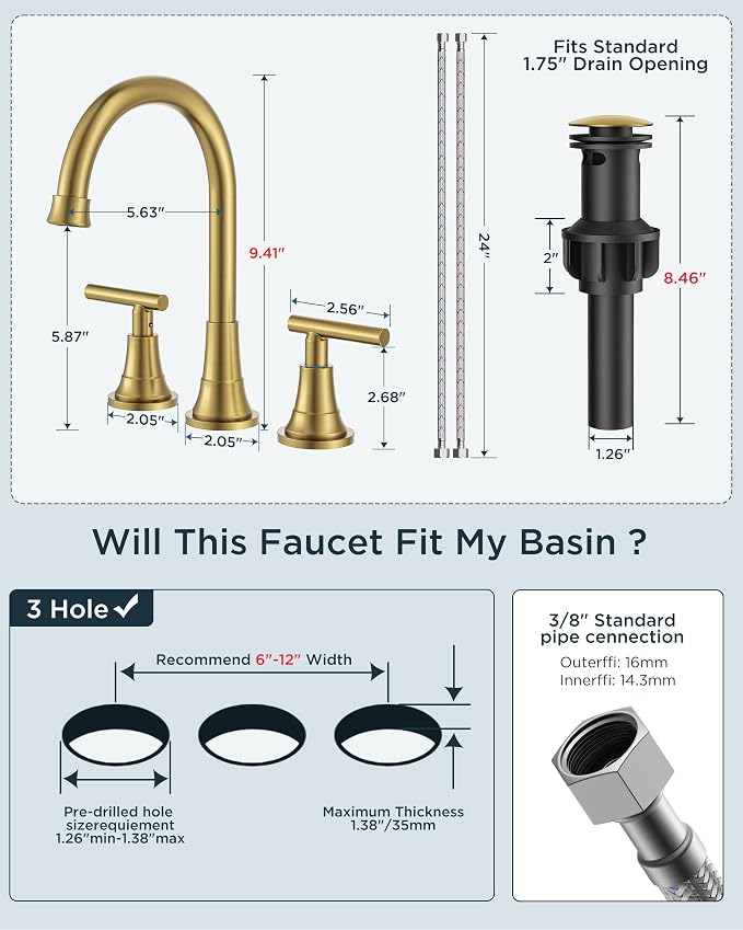 FORIOUS Gold Bathroom facuet 3 Hole, 8 inch Brushed Gold Bathroom Sink Faucet - Image 9