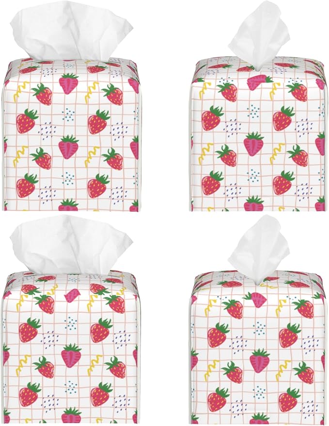 Cute Pink Strawberries Tissue Box Cover Square, Cartoon Strawberry Fruits - Image 2