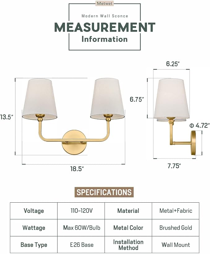 2 Light Bathroom Vanity Light, Brushed Gold Double Wall Sconce - Image 3