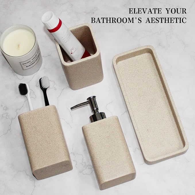 Bathroom Accessories Set, Soap Dispenser, Toothbrush Holder, Qtip Holder Set - Image 4