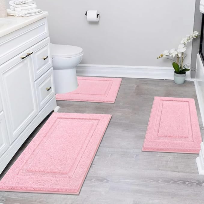SHACOS Pink Bathroom Rugs Sets 3 Piece, Soft Fluffy Water Absorbent Bath Rugs - Image 2