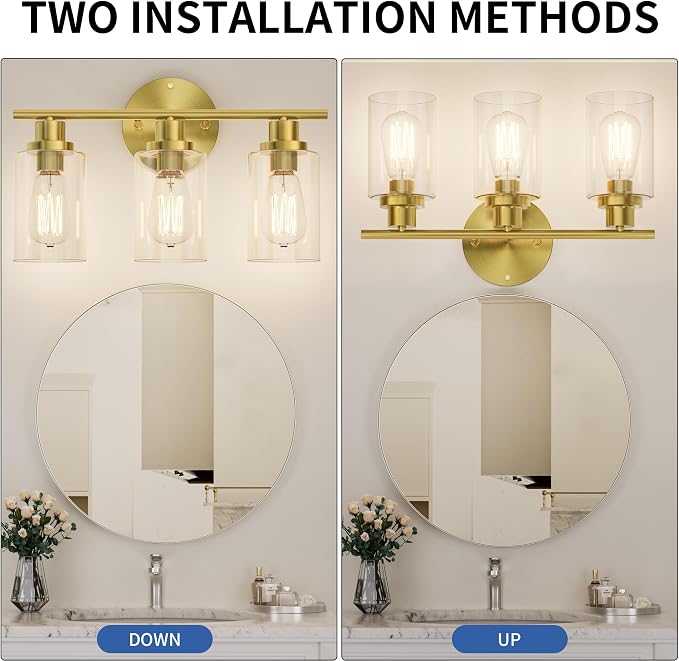 GORDNWE Modern Vanity Light Fixtures, 3 Light Brushed Gold, E26 Bulb Base - Image 6