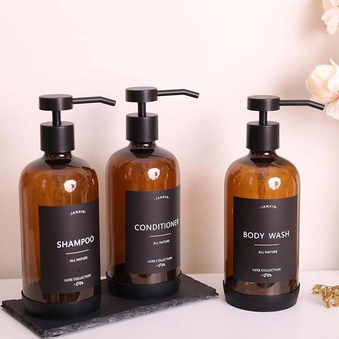 Shampoo and Conditioner Dispenser Set of 3, Refillable 21oz Shampoo Bottles - Image 3