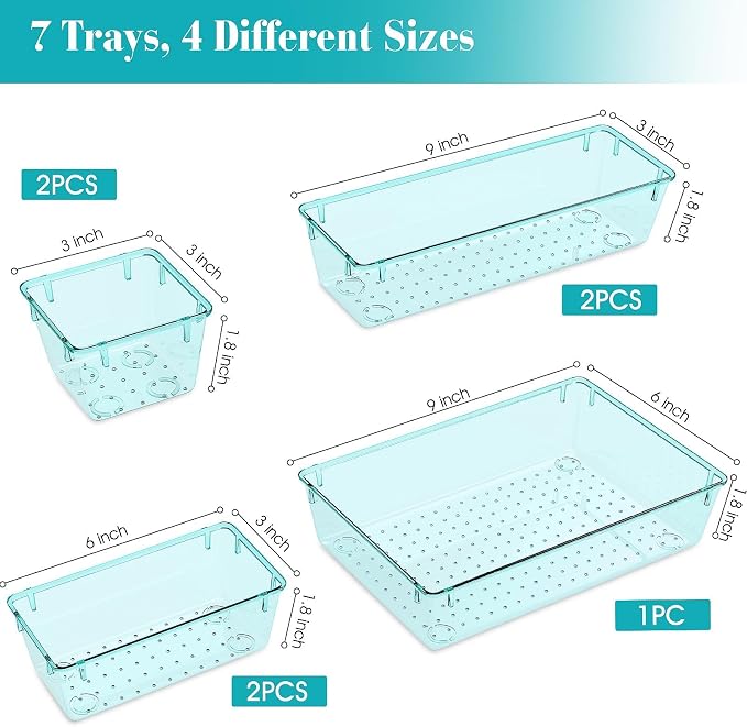 7 PCS Clear Plastic Drawer Organizers Set, 4 Size Desk Drawer Organizer Trays - Image 2