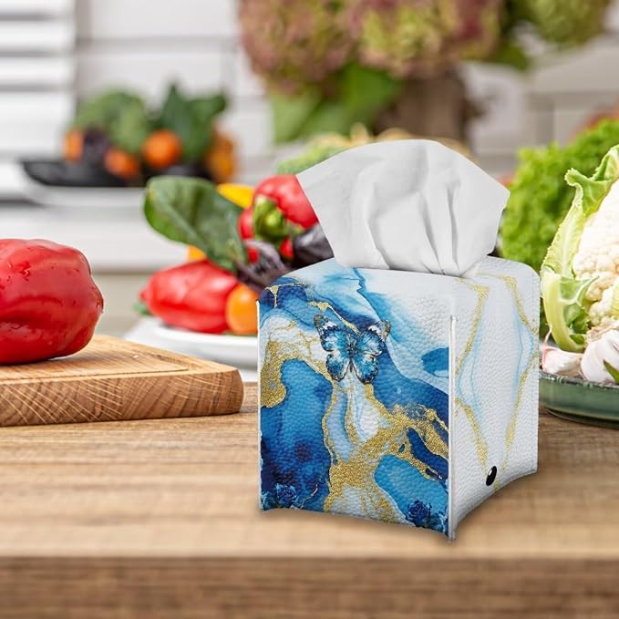 Blue Marble Butterfly Modern Tissue Box Holder, Waterproof Square PU Leather - Image 5