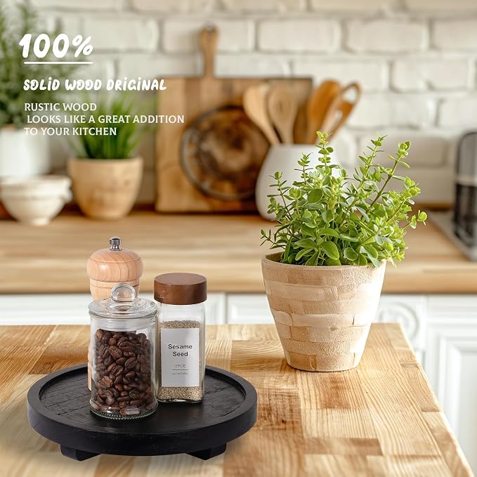 Round Decorative Tray Wood Bathroom Counter Organizer Farmhouse Kitchen Decor - Image 2