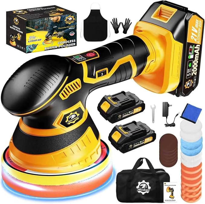 Cordless Car Buffer Polisher kit 6-Speed Orbital Design, LED Display, by Niusken