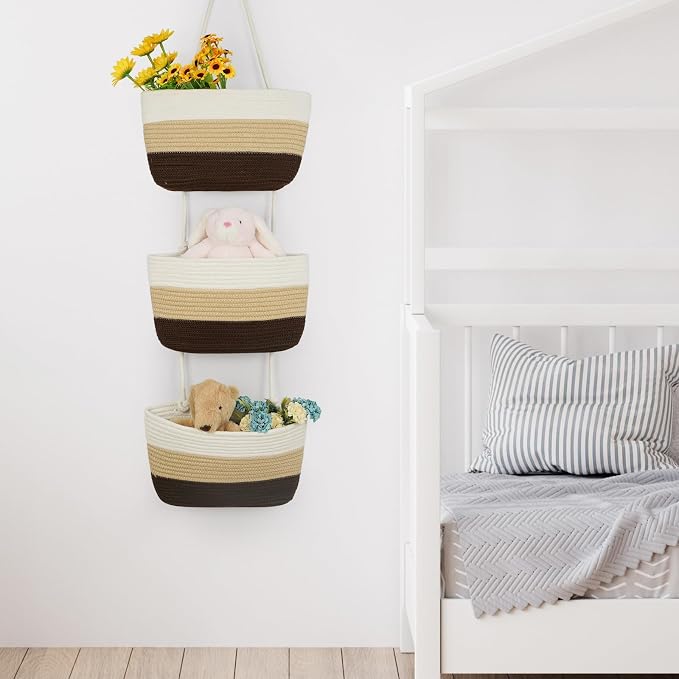 TeoKJ Over the Door Hanging Baskets, 3-Tier Woven Cotton Storage Organizer Bag - Image 5
