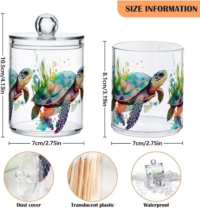 4 Pack Qtip Holder Dispenser Turtle Watercolor Cotton Ball Cotton Swab Round - Image 4