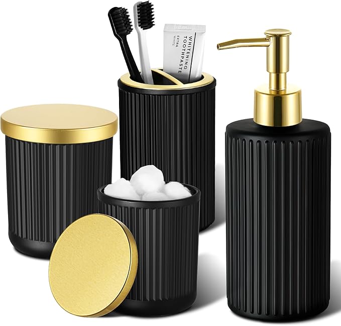 Matte Black and Gold Bathroom Accessories Set, 4 Pack Glass Bath Accessory Sets by RYTOXILOBrightenUpYourHome