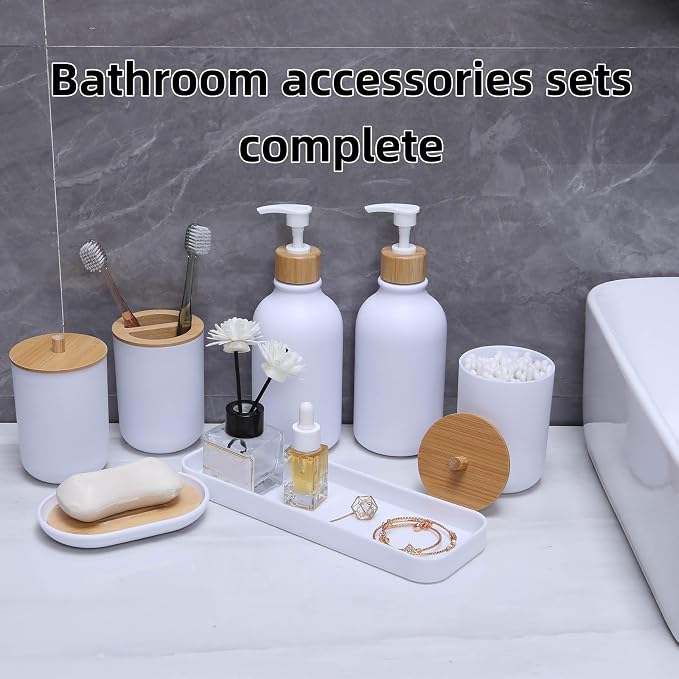 Matte White Bathroom Accessories Set 7 Pcs, Bamboo Bathroom Accessories Sets - Image 2
