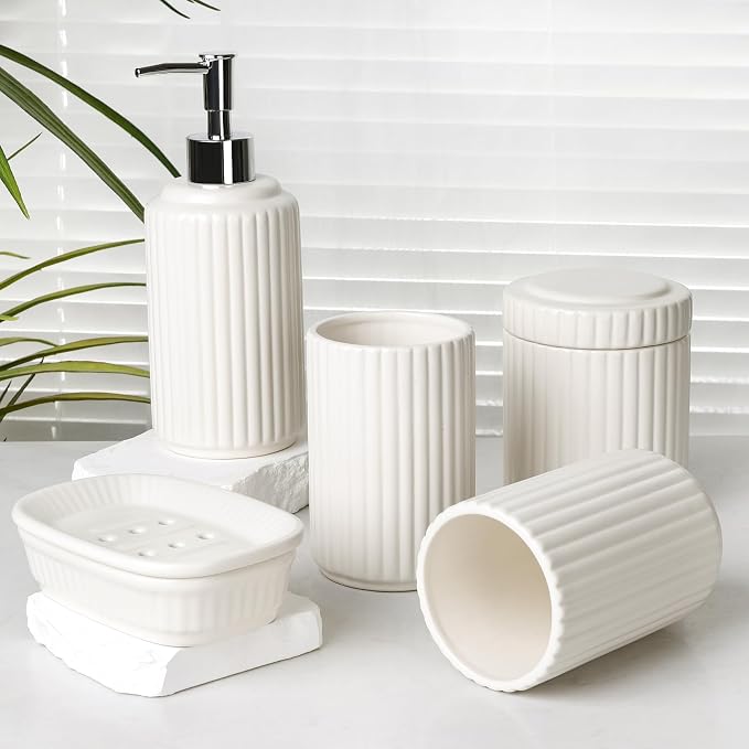White Bathroom Accessory Set 5PCS, Ceramic Bathroom Accessories Set, Classic - Image 8