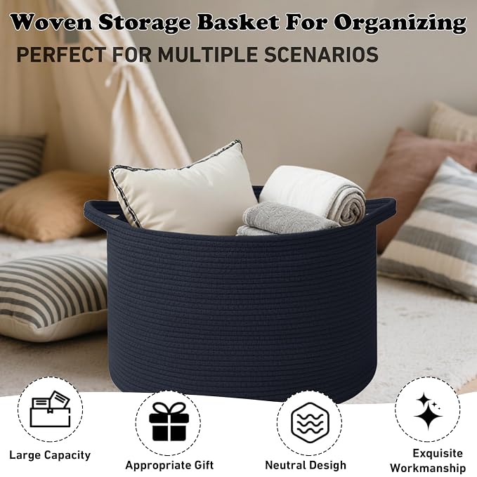 115L Large Blanket Basket, 23.6" L x 23.6" W x 15.7" H Rope Woven Baskets - Image 6