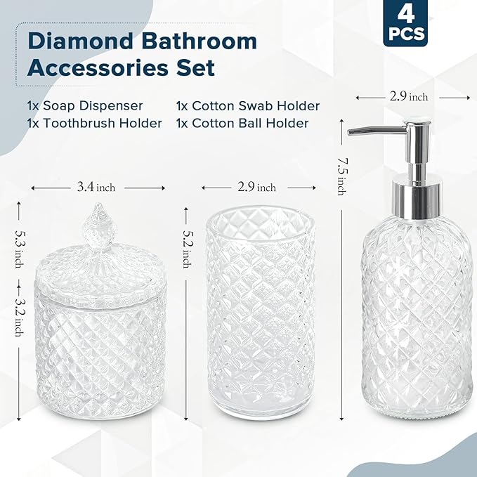 Bathroom Accessories Set, 4 Pack Clear Glass Bath Accessory Sets Complete - Image 2