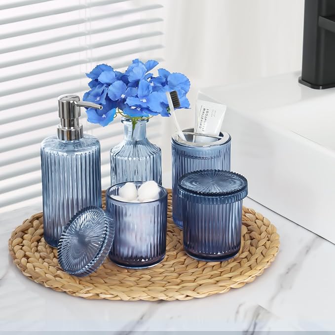 Blue Bathroom Accessories 5 Pcs, Glass Bathroom Accessory Set, Vintage Blue - Image 6