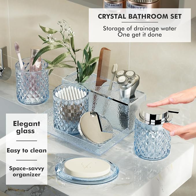 Blue Bathroom Accessories Set, Soap Dispenser, Soap Dish, Qtip Jar, Toothbrush - Image 5