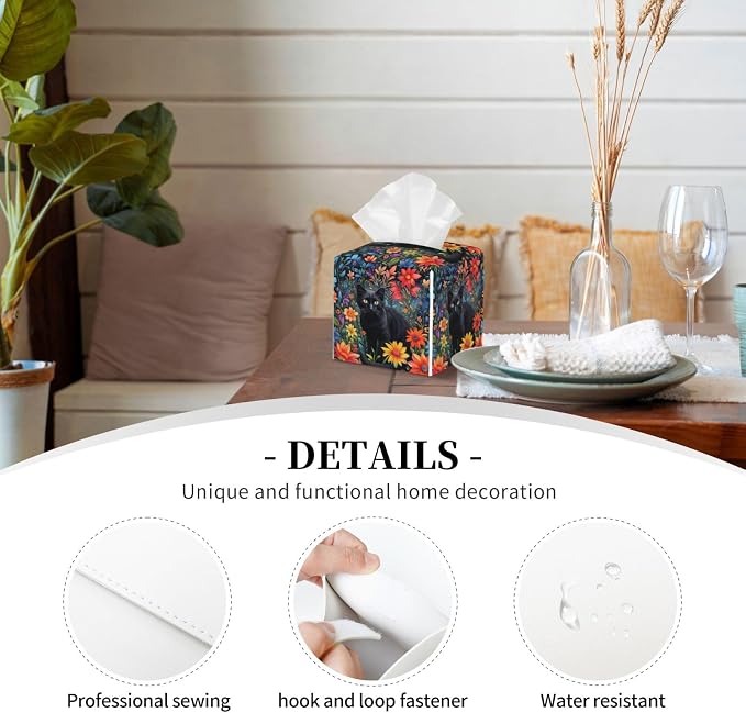 Colorful Florals Black Cat Tissue Box Cover Flower Daisy Square Leather Tissue - Image 3