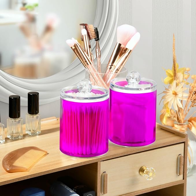 Magenta Purple Qtip Holder Organizer Dispenser Cotton Swabs Cans Plastic Jars - Image 6
