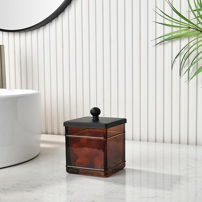 Amber Glass Cotton Jar Holder – Black Lid Elegant Bathroom Storage Canister - Image 7