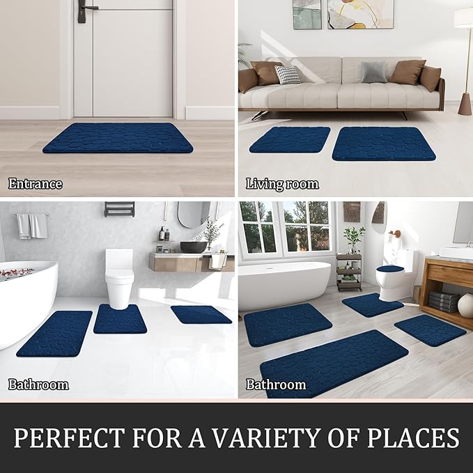 YIHOUSE Bathroom Rugs Mat Set 5 Piece Dark Blue, Memory Foam Bath Mats Sets - Image 6