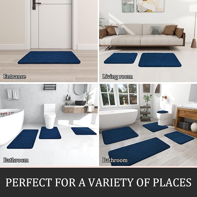 YIHOUSE Bathroom Rugs Mat Set 3 Piece Dark Blue, Memory Foam Bath Mats Sets - Image 6