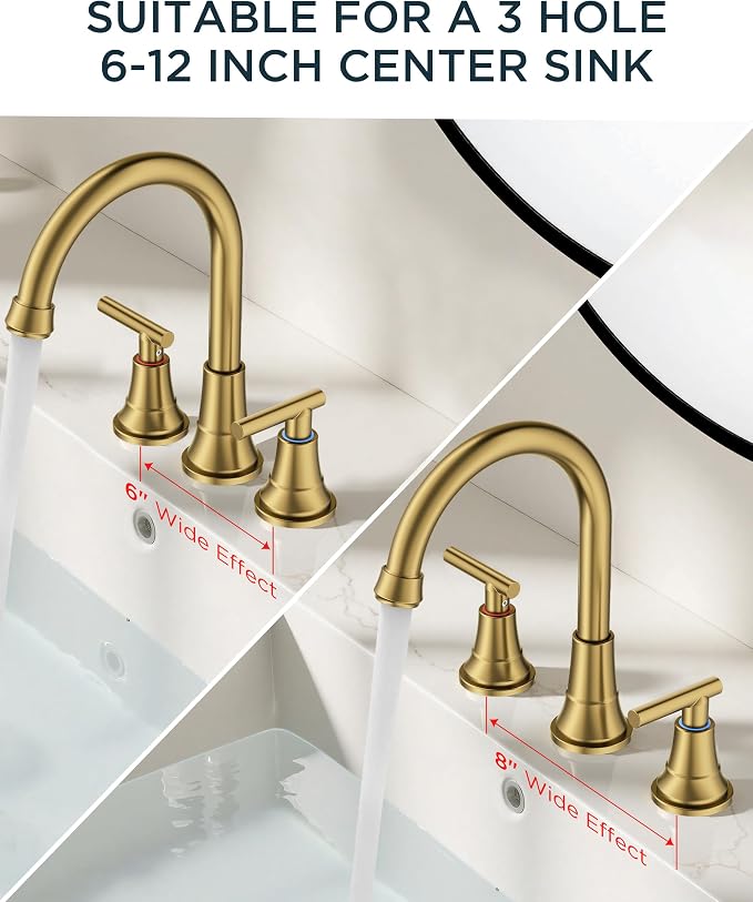 FORIOUS Gold Bathroom facuet 3 Hole, 8 inch Brushed Gold Bathroom Sink Faucet - Image 7