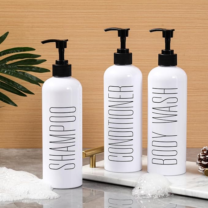 HOMCDALY Shampoo and Conditioner Dispenser, 16oz 3-Pack Refillable Pump Bottles - Image 4