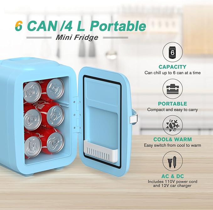 CROWNFUL Mini Fridge, 4 Liter/6 Can Portable Cooler and Warmer Personal Fridge - Image 2