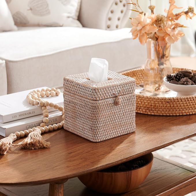 Rattan Square Tissue Box Cover, 5.7" x 5.7" x 5", Decorative Woven Facial - Image 2