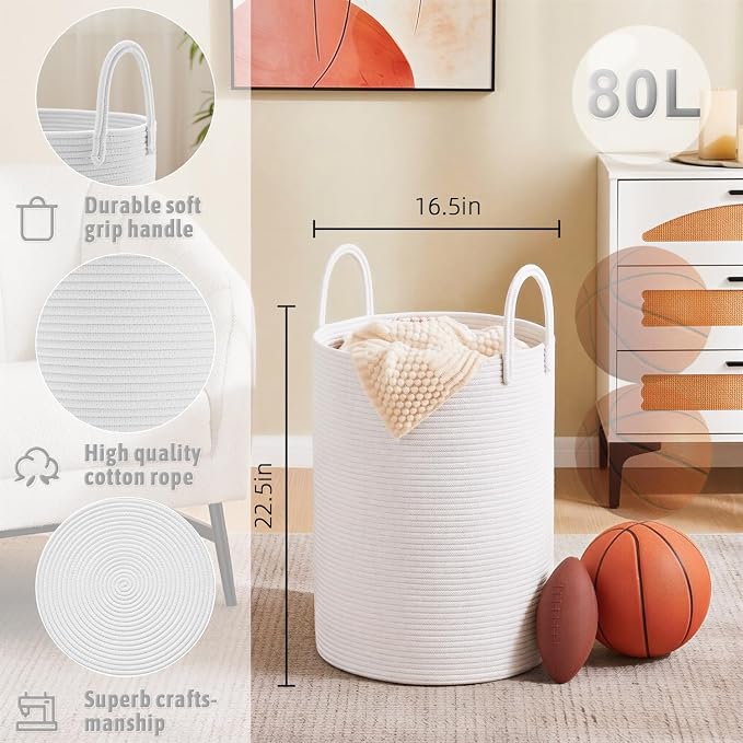 Laundry Basket, Woven Cotton Rope Laundry Hamper, 80L - Image 6