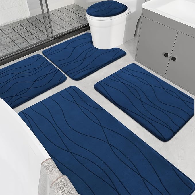 YIHOUSE Memory Foam Blue Bathroom Rug Sets 5 Piece, Ultra Absorbent Bath Mat by YIHOUSE