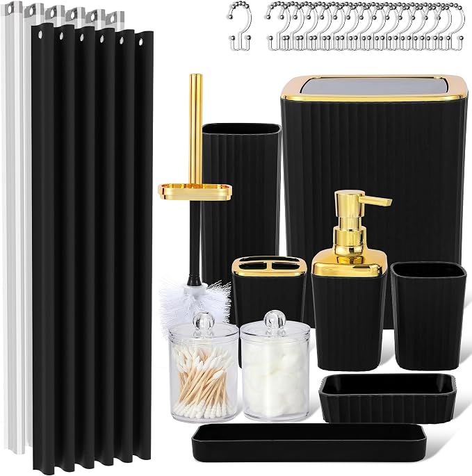 Black Bathroom Set, Trash Can, Toothbrush Holder, Soap Dispensers, Toothbrush by Viowil