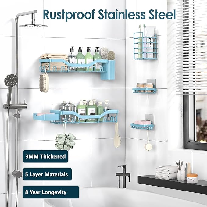Shower Caddy Adhesive Shower Organizer 7-Pack, Rustproof Stainless Steel - Image 5