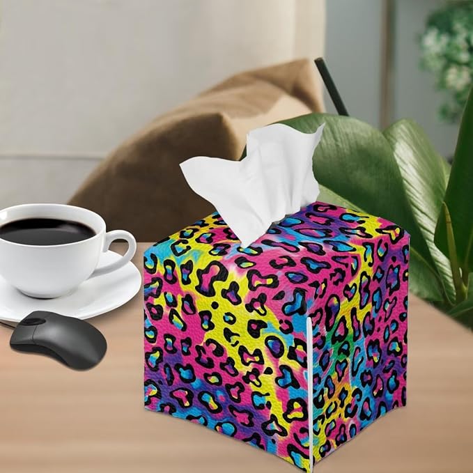 Rainbow Leopard Tissue Box Holder Waterproof PU Leather Square Tissue Box Cover - Image 4