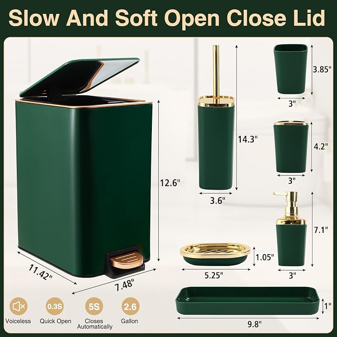 Bathroom Set Bathroom Accessories Set 8 Piece Green and Gold Bathroom Set - Image 6