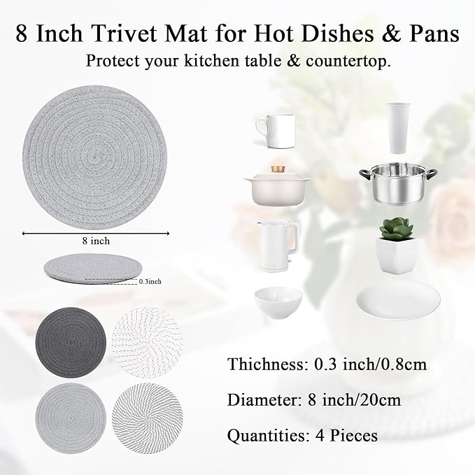 SHACOS 8 Inches Trivets for Hot Dishes, 4 Pieces Cotton Trivets Mats for Kitchen - Image 2
