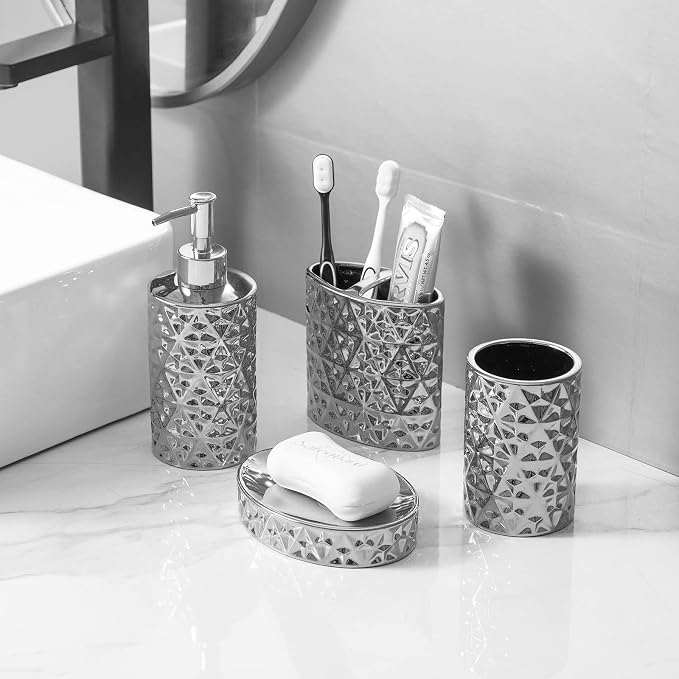Silver Bathroom Accessories Set, 4 Piece Ceramic Bath Accessory Sets Complete - Image 3