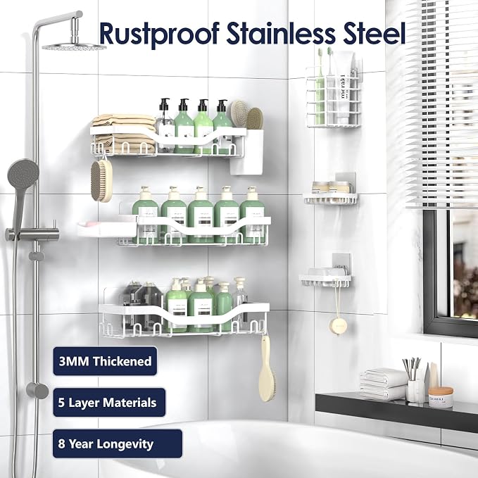 Shower Caddy Adhesive Shower Organizer 8-Pack, Rustproof Stainless Steel - Image 5