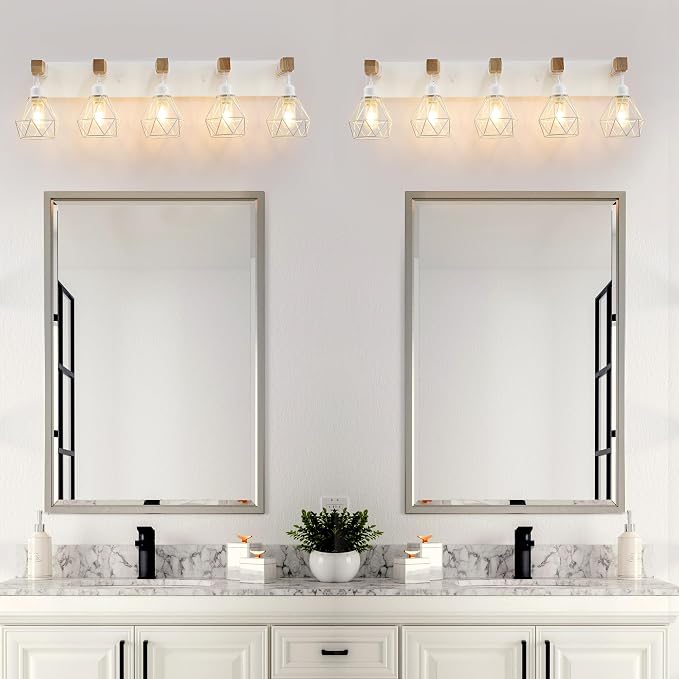 White Bathroom Vanity Light Fixtures, 5-Light Wood Bathroom Light Fixtures Over - Image 4
