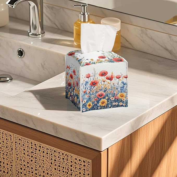 Flower Tissue Box Cover Red Poppy Daisy Wild Garden Watercolor Leather Tissue - Image 5