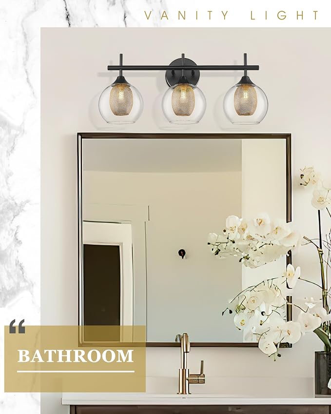 Bathroom Light Fixtures, 3-Light Black and Gold Vanity Lights Over Mirror - Image 5