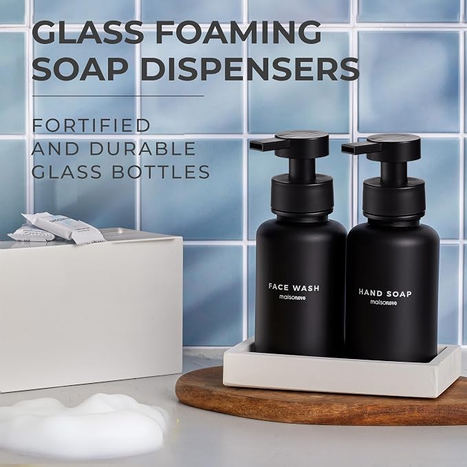 MaisoNovo Glass Foaming Soap Dispenser 14 Oz | Black Glass Black Pumps + - Image 2