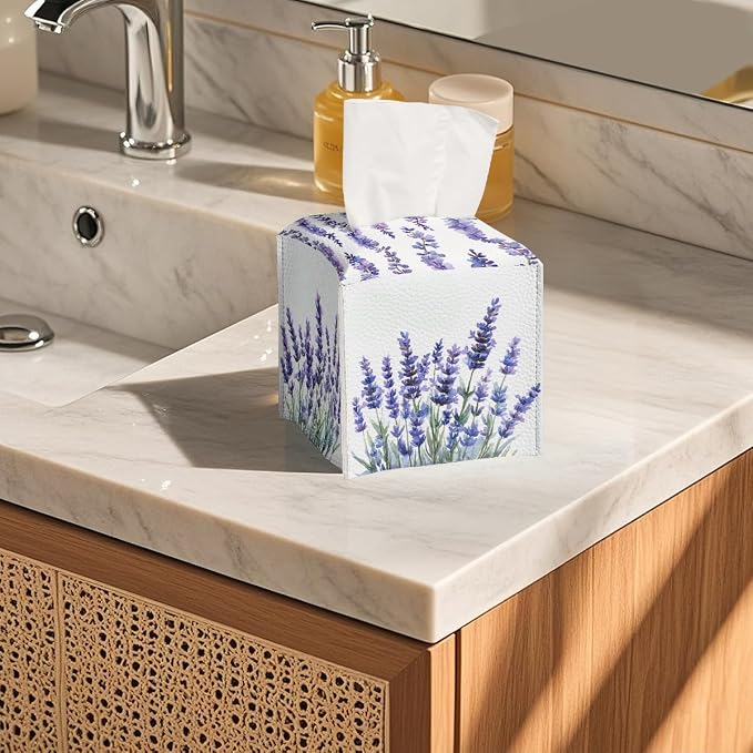 Butterfly Tissue Box Cover Purple Lavender Blossoms Garden Square PU Leather - Image 5