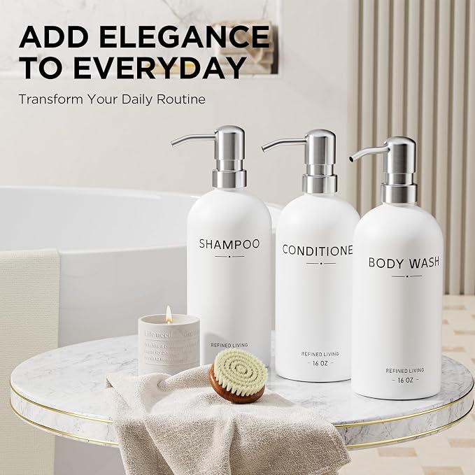 Shampoo and Conditioner Dispenser Set, 3 Refillable 16oz Bottles - Image 3