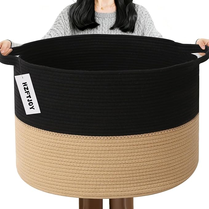 65L Large Blanket Basket, 19.7" L x 19.7" W x 13" H Rope Woven Baskets by HZFTJOY