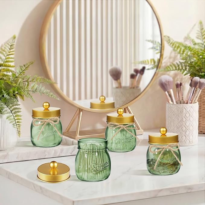 SheeChung Green Glass Qtip Holder Dispenser, Mason Jar Apothecary Jars - Image 2