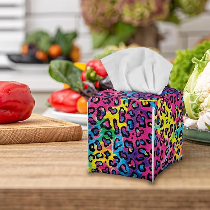 Rainbow Leopard Tissue Box Holder Waterproof PU Leather Square Tissue Box Cover - Image 5