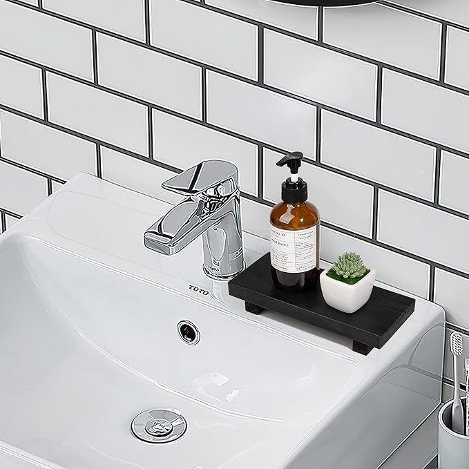 Bathroom Counter Organizer Wood Pedestal Stand Farmhouse Decorative Tray Soap - Image 5
